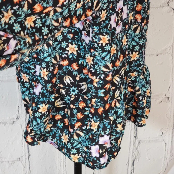 A.n.a Flowy Black Blue Floral Boho Peasant Long Sleeve Blouse‎ Top Shirt Sz L - Picture 5 of 7